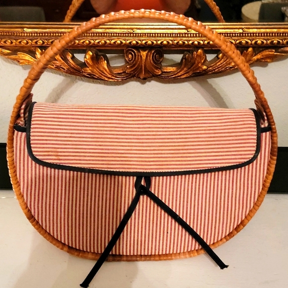 Barney's New York Striped Cotton/Wicker Tote Vintage - Picture 1 of 10